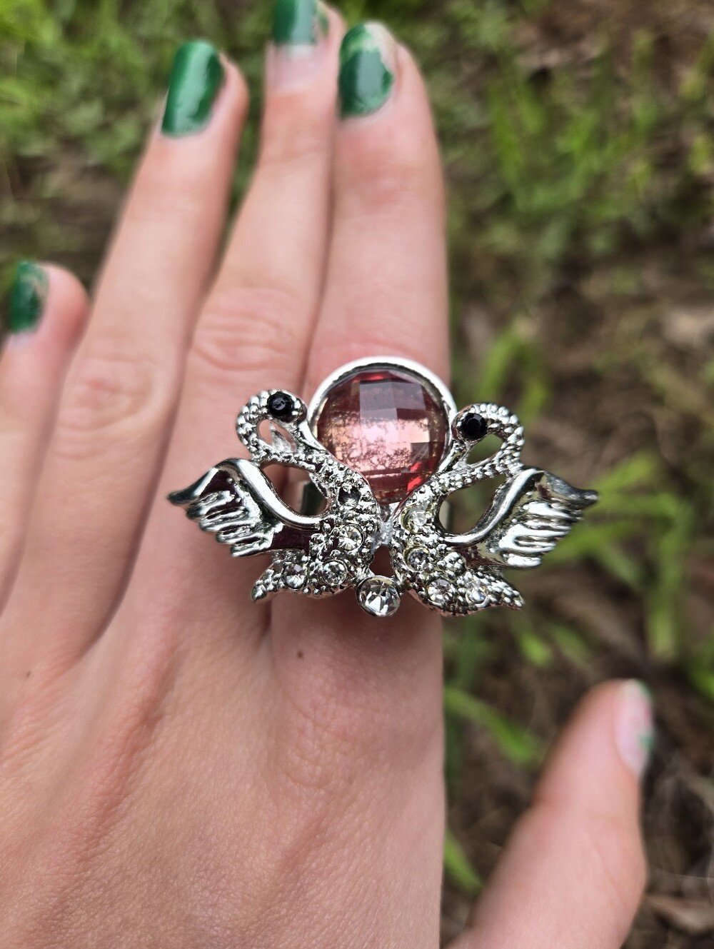 Sliver Tone Whimsy Swan Ring Adjustabl w